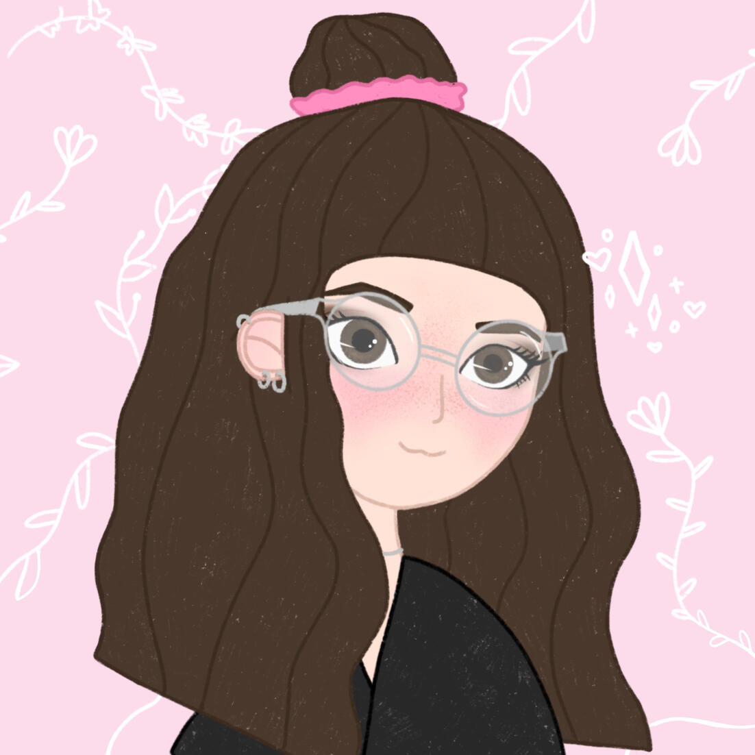 portrait of martina corradini in front of a wall of pink flowers, looking to the right side